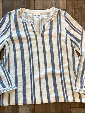 Pure Jill Vertical Stripe Embroidered Blouse 100% Cotton Coastal Summer